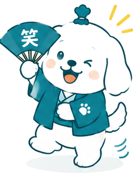 「笑」と書かれた扇子を持って踊るわらしィヌ