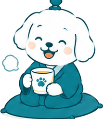 座布団の上でお茶をすすりながらくつろぐわらしィヌ